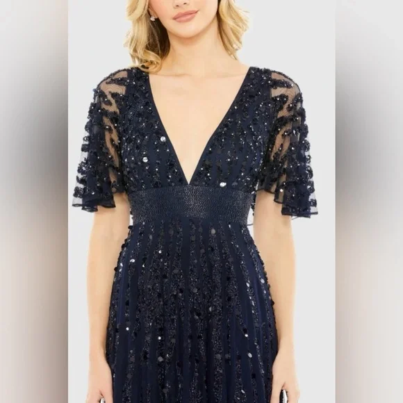 NWT | Mac Duggal Blue 93784 Midnight Blue Maxi Gown  Flutter Sleeves Size 10 - Picture 3 of 15